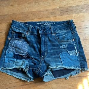 AEO high rise patchwork denim shorts